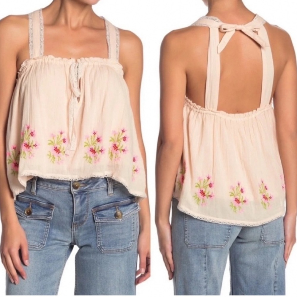 Free People | Embroidered Floral Boho Beige Pink Lace Trim Tie Back Tank Top, M